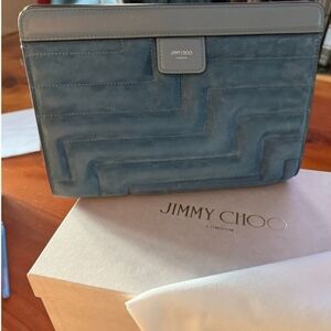 RARE JIMMY CHOO AVENUE POUCH,QUILTED SUEDE. BUTTERFLY BLUE/GUNMETAL/ NEW
